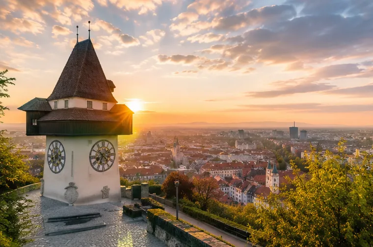 Blick auf den Grazer Uhrturm und die Stadt Graz in warmer Abendstimmung.