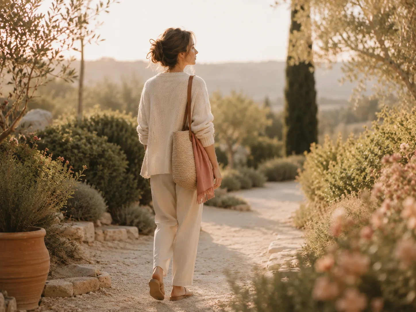 Frau geht in warmer Abendsonne einen ruhigen Gartenweg entlang.